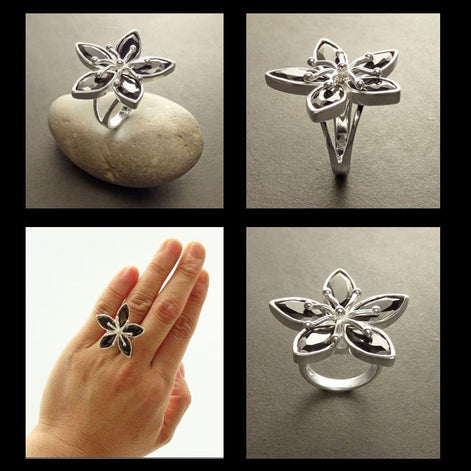 925 Black Flower Ring, Sterling Silver, Women Silver Ring, Nature Inspiring Ring, Hibiscus Ring, Big Flower Ring, Statement Ring,