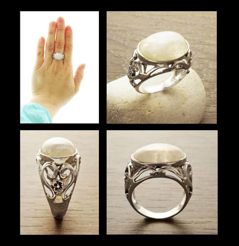 NATURAL Moonstone Ring, 925 Sterling Silver, White Moonstone Oval Domed Stone, Vintage Art Nouveau Design Jewelry, ROMANTIQUE Gift