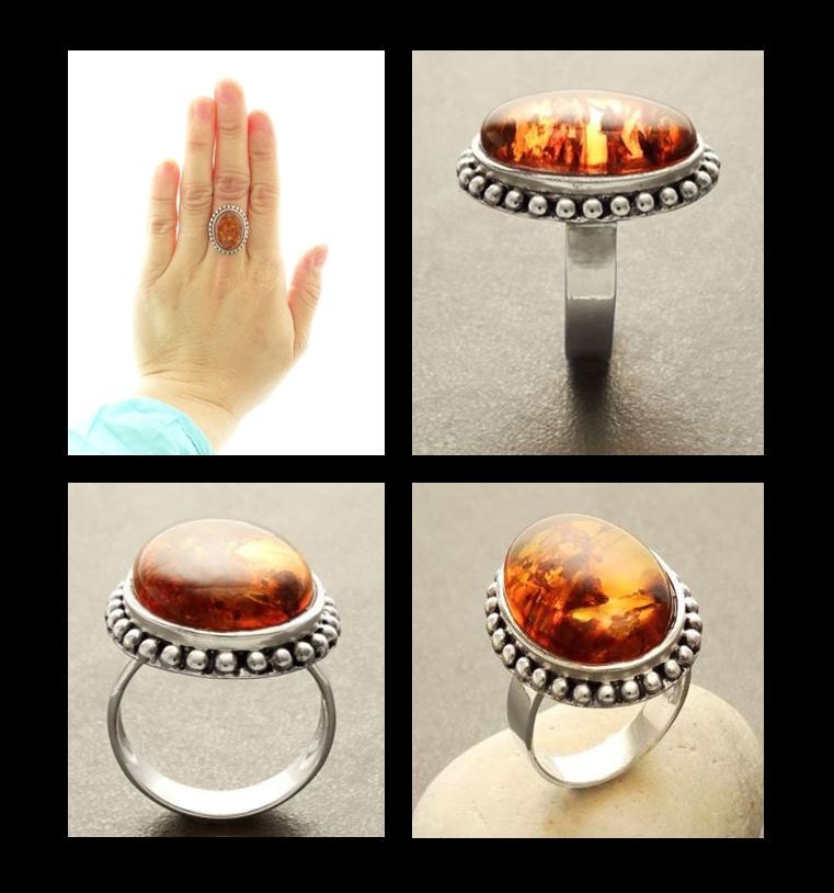 Amber ring, sterling silver made, oval stone, Genuine oval fossil gemstone, antique jewelry, natural baltic cognac brown orange color