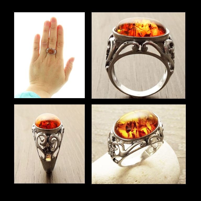 Amber Ring, Sterling Silver, Boho Vintage Design Jewelry, Horizontal Oval Stone, Genuine Amber Gemstone, open-work Lace Filigree Setting