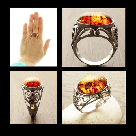 Amber Ring, Sterling Silver, Boho Vintage Design Jewelry, Horizontal Oval Stone, Genuine Amber Gemstone, open-work Lace Filigree Setting
