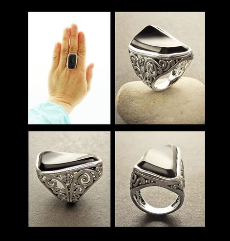 Black Filigree Ring, Sterling Silver, Curved Black Onyx Stone, Vintage Lace Design, Victorian Jewelry, Long Rectangle gemstone
