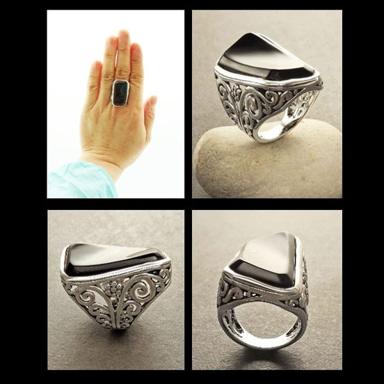 Black Filigree Ring, Sterling Silver, Curved Black Onyx Stone, Vintage Lace Design, Victorian Jewelry, Long Rectangle gemstone