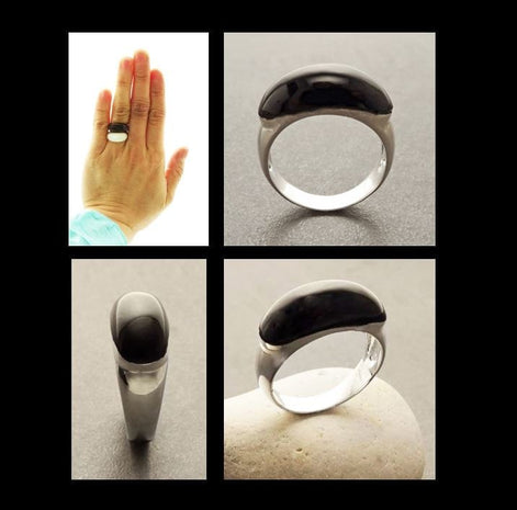 Black Domed Ring - Sterling Silver - Black Onyx Stone, Oval Stone Cabochon Horizontal Stone Band Ring, Dainty Everyday Modern Ring