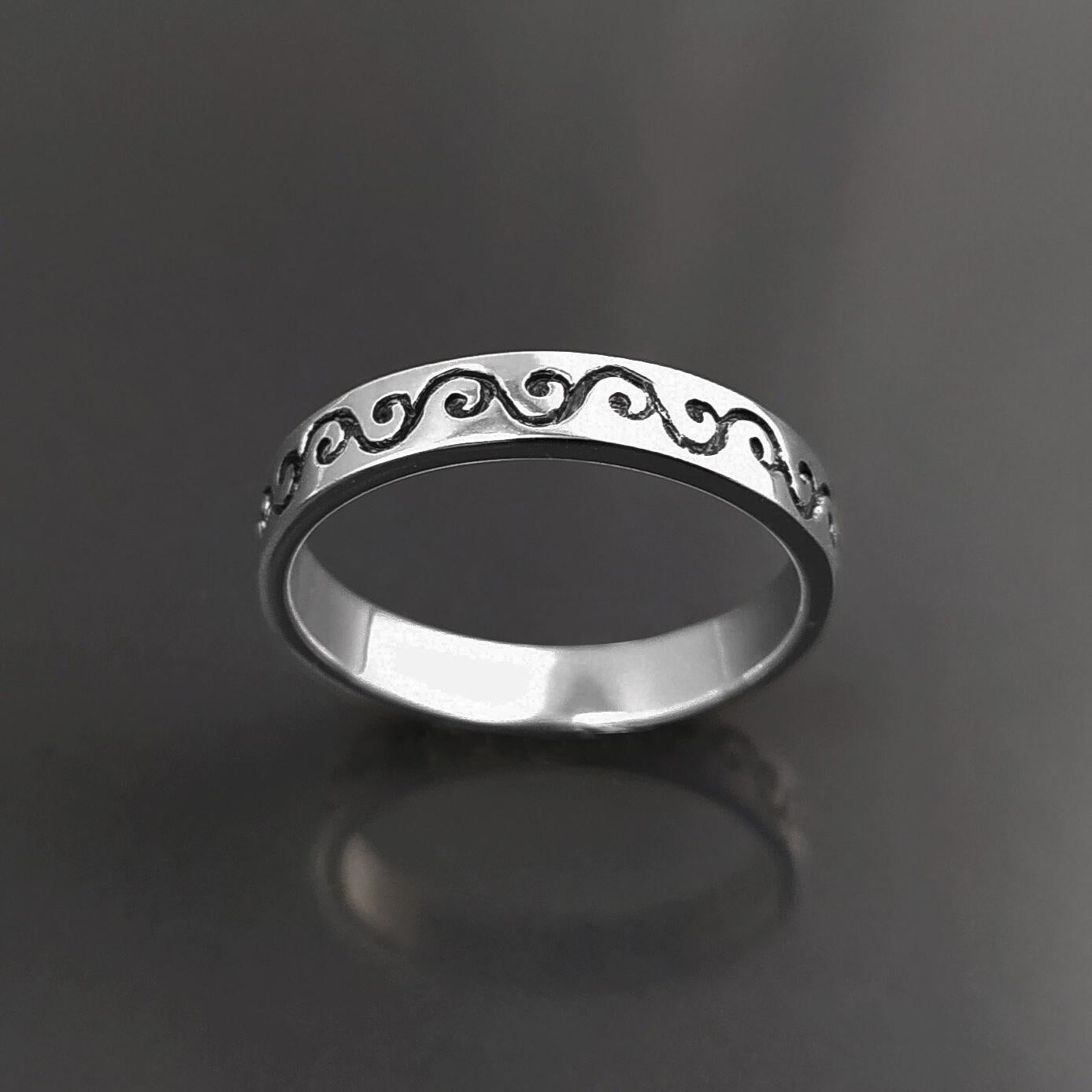 Sterling Silver Wave Ring, Carved Ocean Band, Tattoo Pattern Jewelry