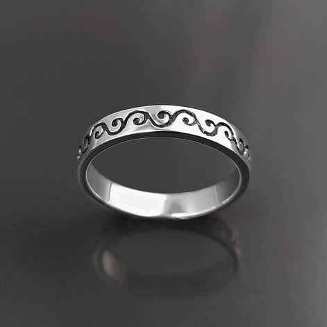 Sterling Silver Wave Ring, Carved Ocean Band, Tattoo Pattern Jewelry