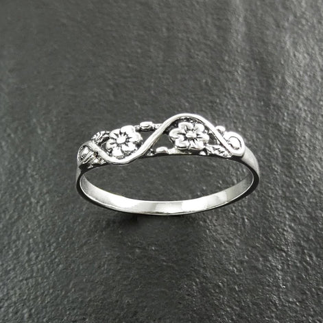 Cherry Blossom Ring, Duet Flowers Floral Ring, Sterling Silver 925 band