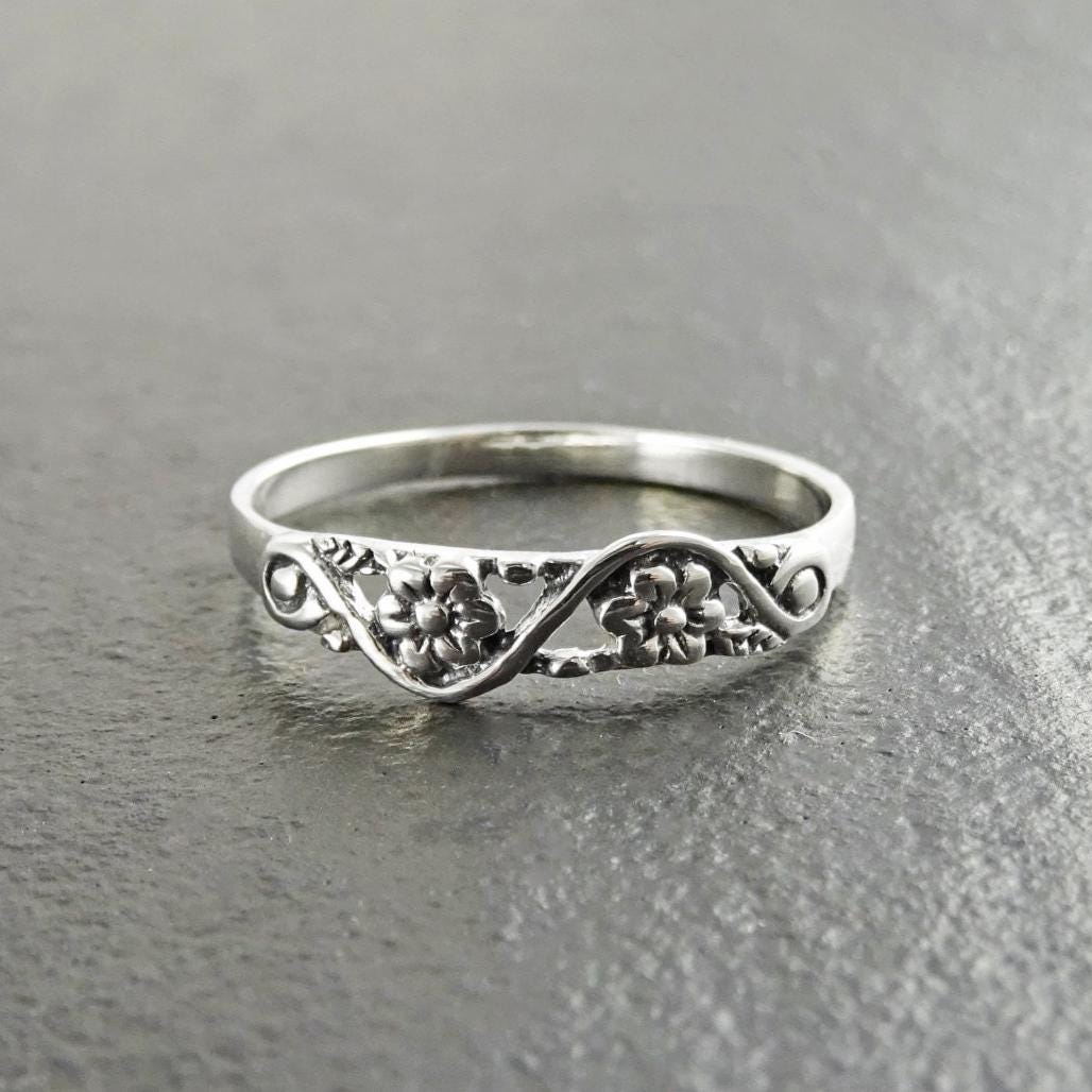 Cherry Blossom Ring, Duet Flowers Floral Ring, Sterling Silver 925 band