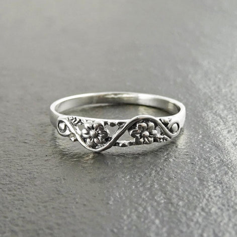 Cherry Blossom Ring, Duet Flowers Floral Ring, Sterling Silver 925 band