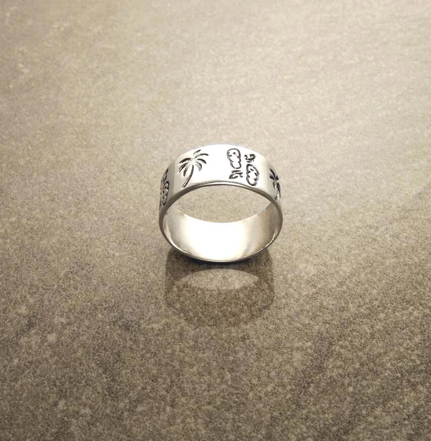 Sterling Silver Band Ring 925, Large Band Beach Palm Tree, Flip-Flops Pattern