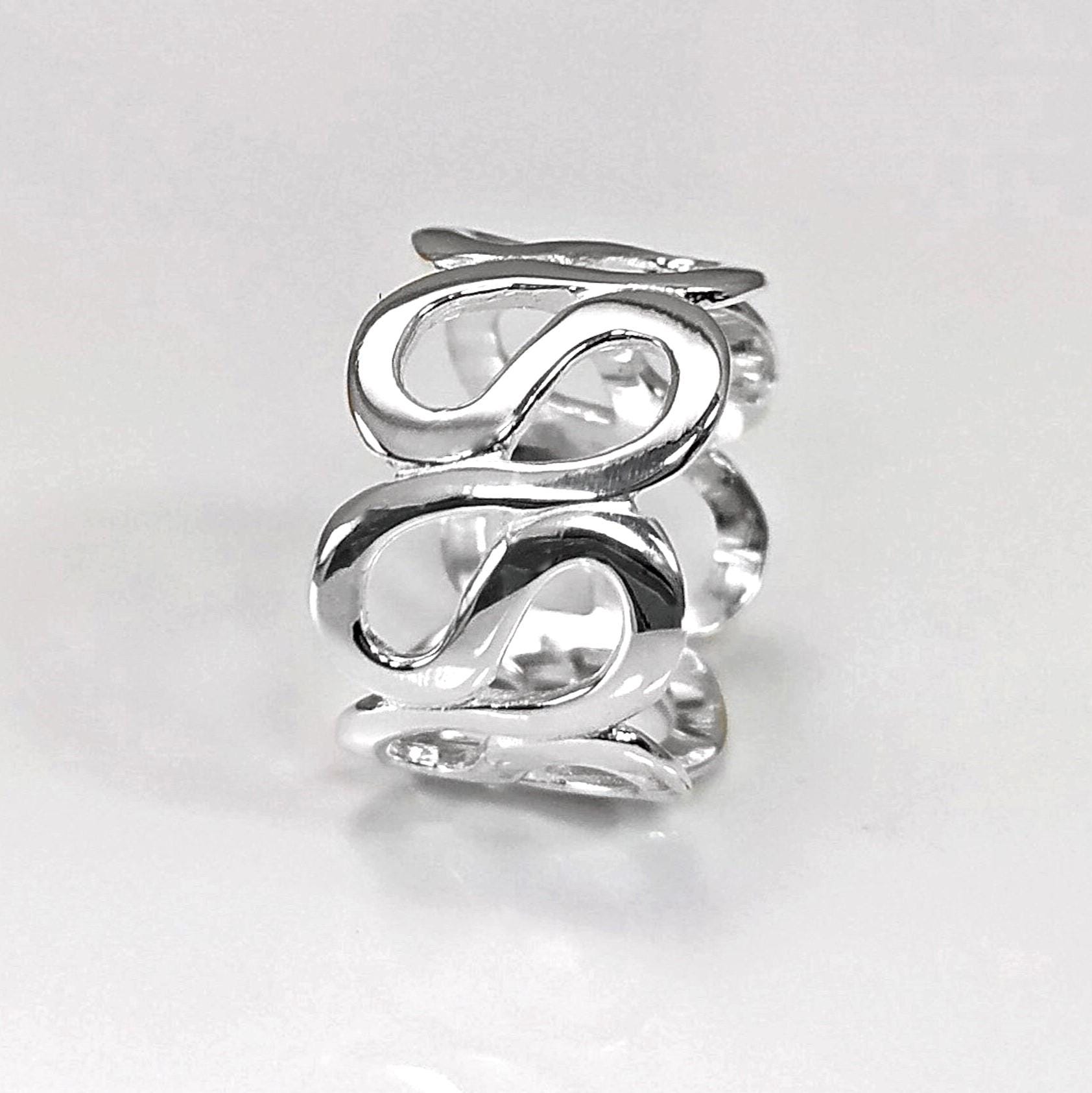 Meander Cuff Ring, Sterling Silver, Large Wave Ring, Armor Band Ring, Open Twist Ring, Greek Curved Graphic Design Jewelry