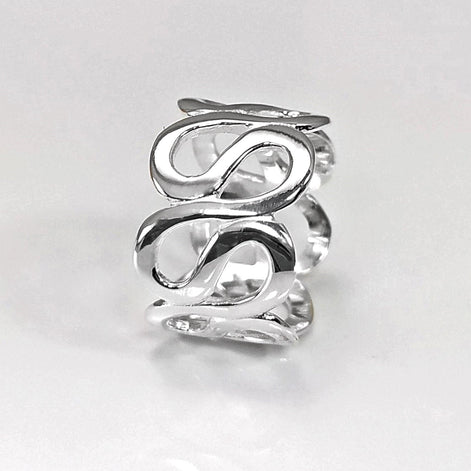 Meander Cuff Ring, Sterling Silver, Large Wave Ring, Armor Band Ring, Open Twist Ring, Greek Curved Graphic Design Jewelry