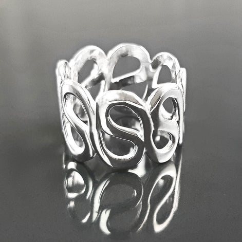 Meander Cuff Ring, Sterling Silver, Large Wave Ring, Armor Band Ring, Open Twist Ring, Greek Curved Graphic Design Jewelry