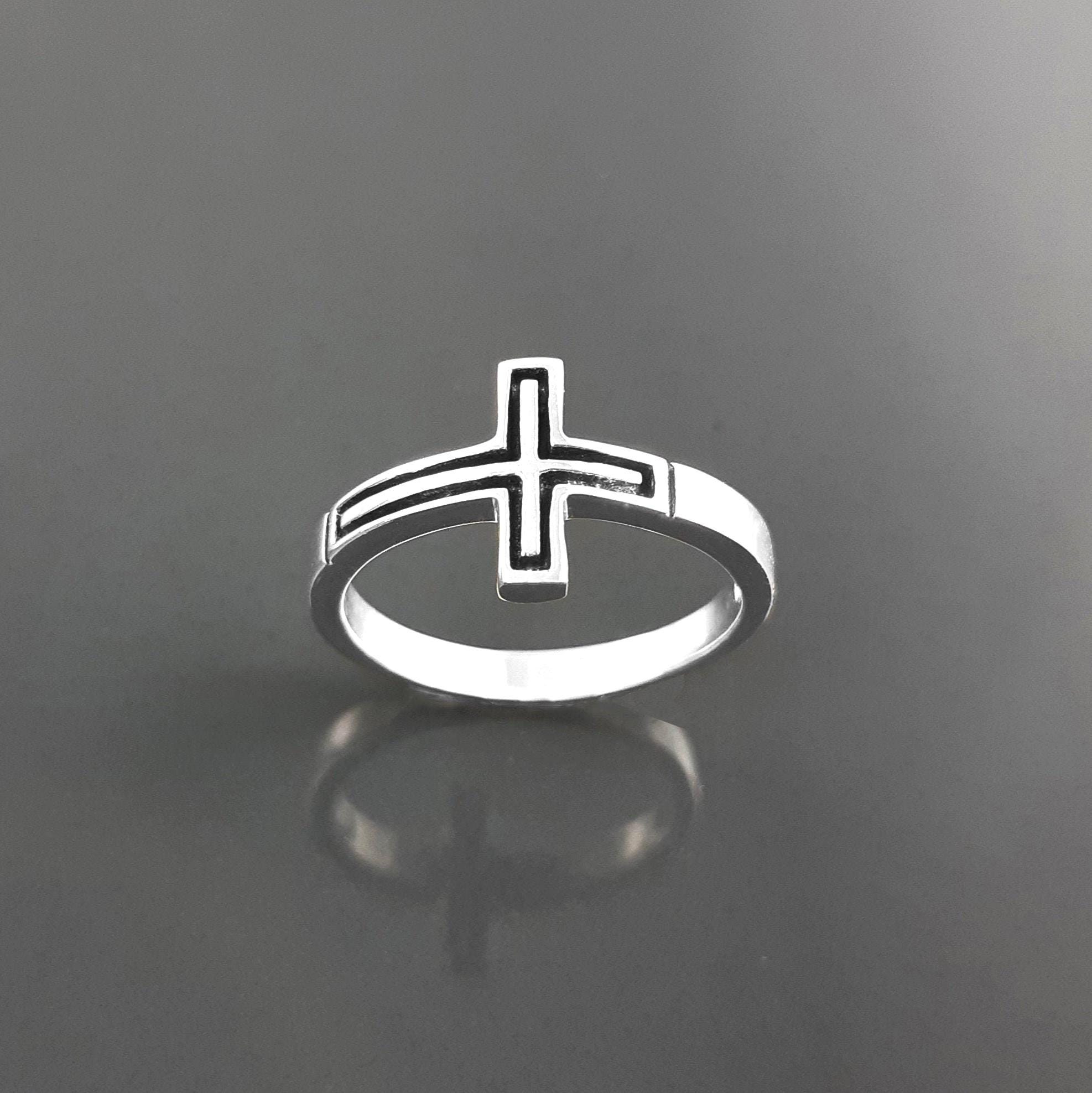 Sterling Silver Cross Ring, Sideways Crucifix, Religious Jewelry, 925