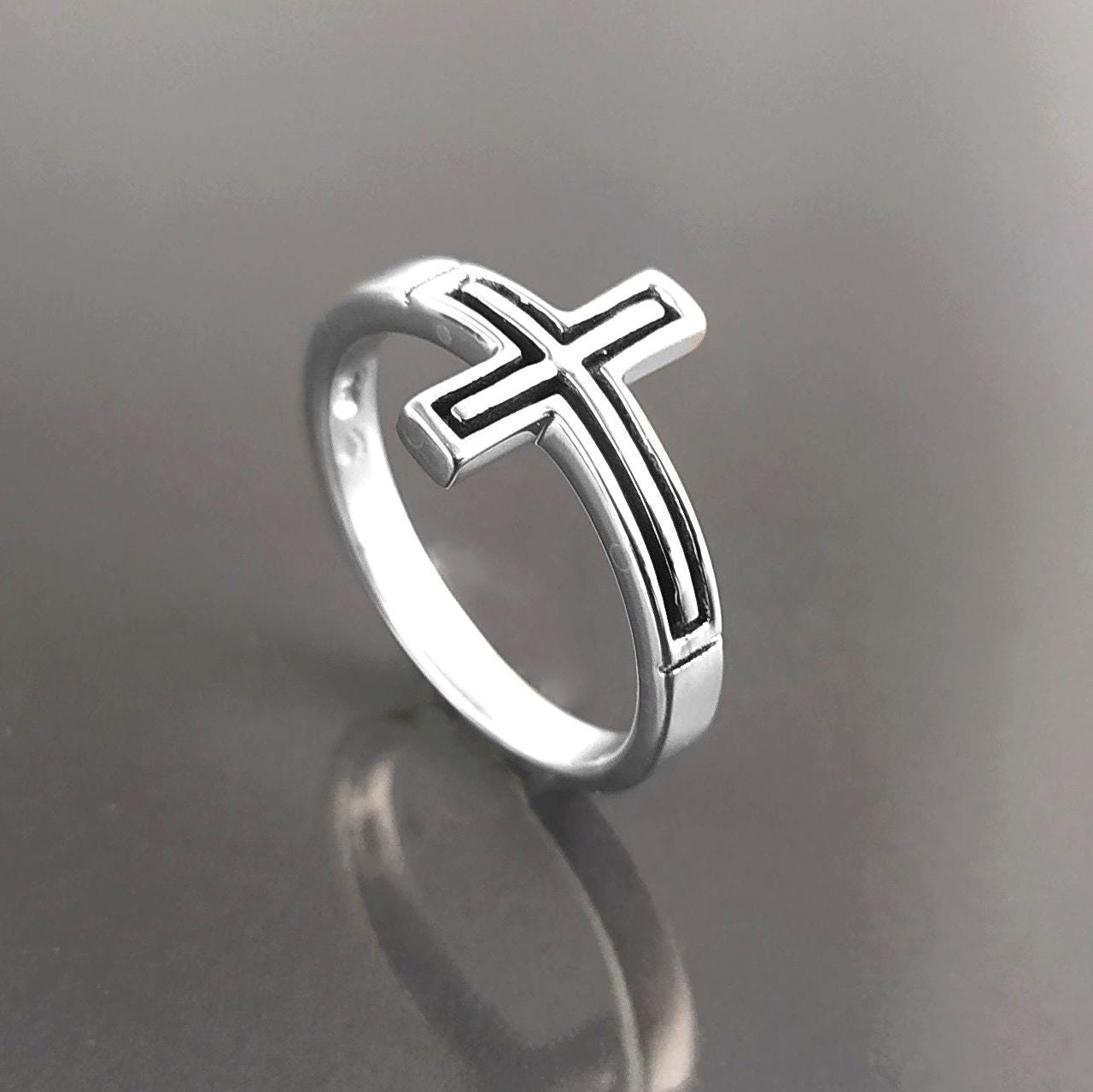 Sterling Silver Cross Ring, Sideways Crucifix, Religious Jewelry, 925