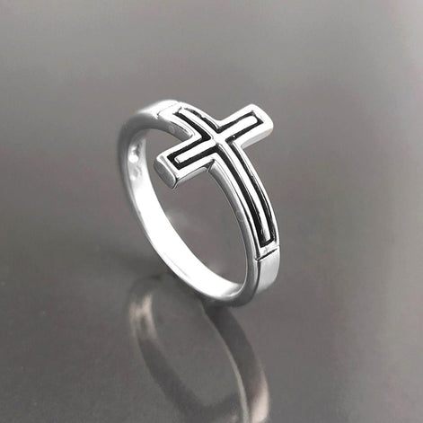 Sterling Silver Cross Ring, Sideways Crucifix, Religious Jewelry, 925
