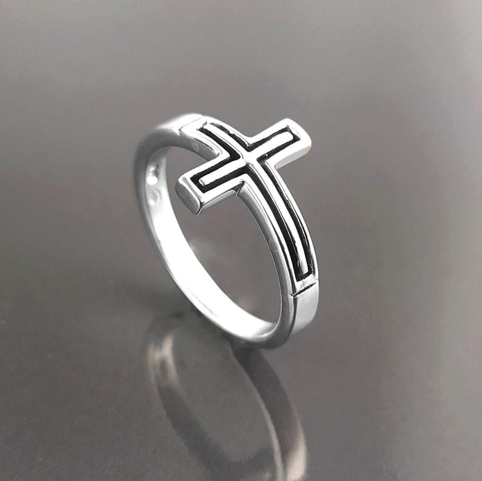 Sterling Silver Cross Ring, Sideways Crucifix, Religious Jewelry, 925