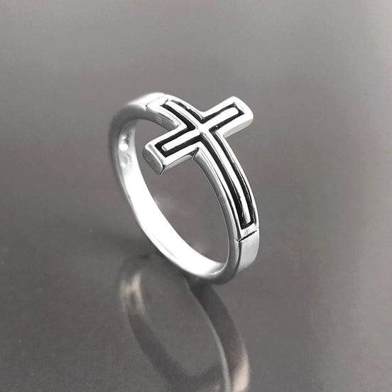 Sterling Silver Cross Ring, Sideways Crucifix, Religious Jewelry, 925