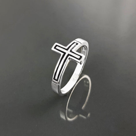 Sterling Silver Cross Ring, Sideways Crucifix, Religious Jewelry, 925