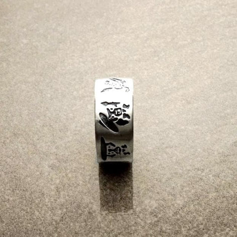Handmade Sterling Silver Band Ring, Hawaiian Tiki Engraved, Tribal Surf Style, Large Ring