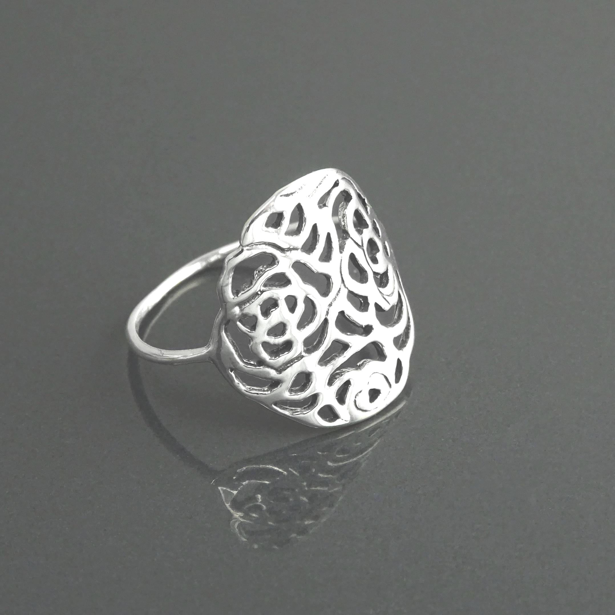 Sterling Silver Rose Filigree Ring, Romantic Flower Blossom Jewelry