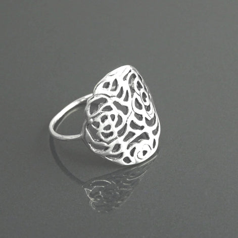 Sterling Silver Rose Filigree Ring, Romantic Flower Blossom Jewelry