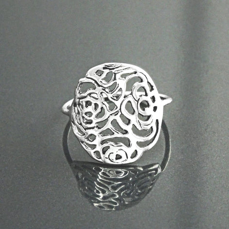 Sterling Silver Rose Filigree Ring, Romantic Flower Blossom Jewelry