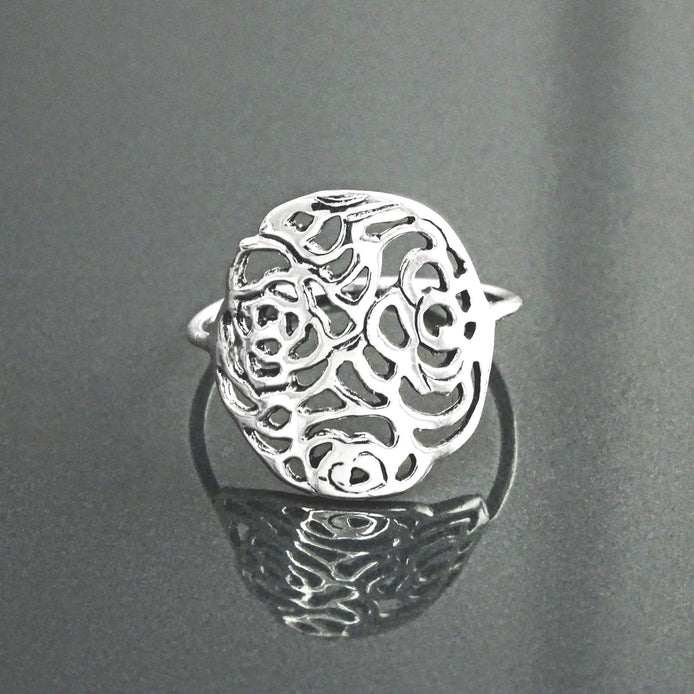 Sterling Silver Rose Filigree Ring, Romantic Flower Blossom Jewelry