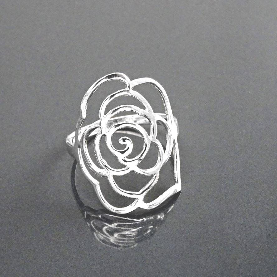 Sterling Silver Rose Filigree Ring, Open Work Floral Lace Jewelry