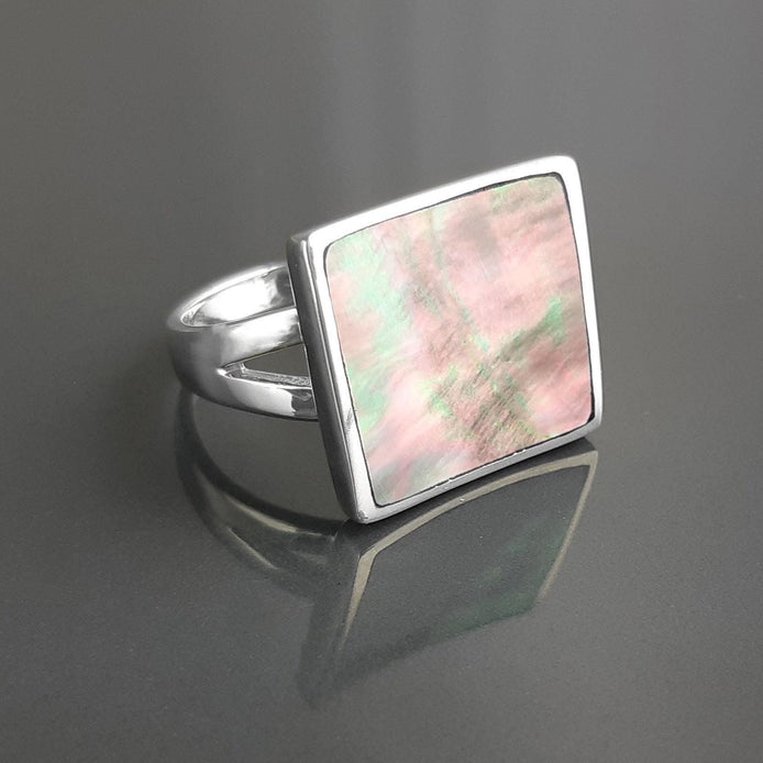 Square Ring, Sterling Silver, Curved Square Stone Ring, Genuine Grey Paua Shell jewelry, Modern Geometric Ring, Rainbow Color, Gray