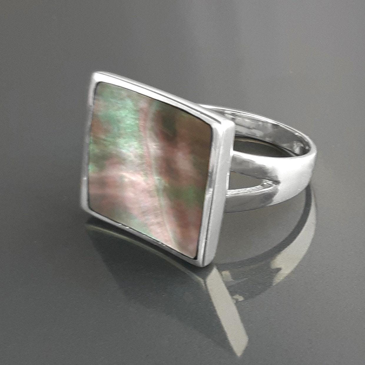 Square Ring, Sterling Silver, Curved Square Stone Ring, Genuine Grey Paua Shell jewelry, Modern Geometric Ring, Rainbow Color, Gray