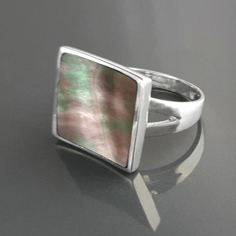 Square Ring, Sterling Silver, Curved Square Stone Ring, Genuine Grey Paua Shell jewelry, Modern Geometric Ring, Rainbow Color, Gray