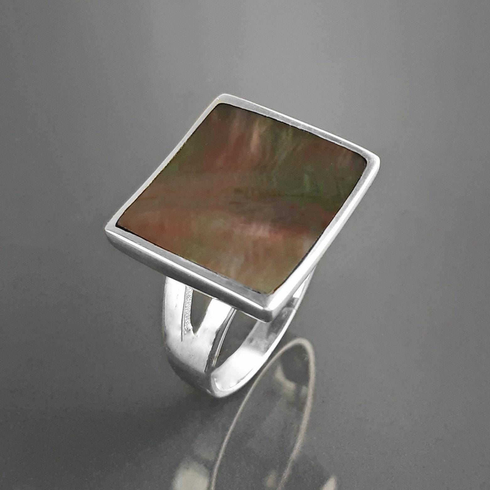 Square Ring, Sterling Silver, Curved Square Stone Ring, Genuine Grey Paua Shell jewelry, Modern Geometric Ring, Rainbow Color, Gray