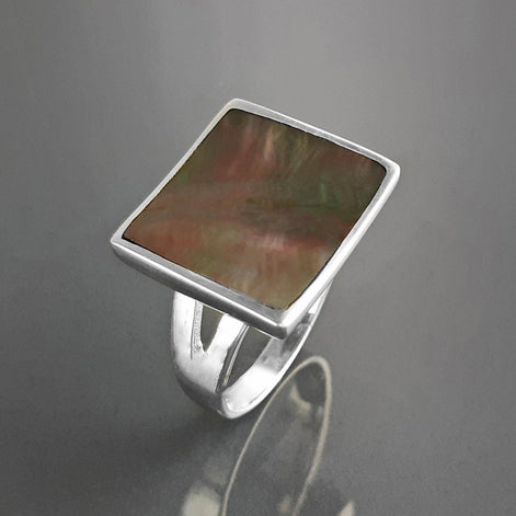 Square Ring, Sterling Silver, Curved Square Stone Ring, Genuine Grey Paua Shell jewelry, Modern Geometric Ring, Rainbow Color, Gray