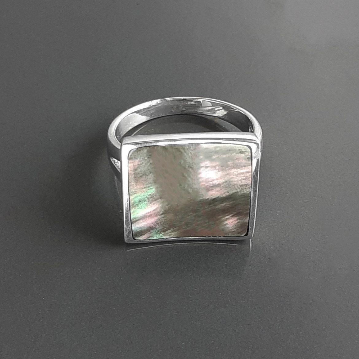 Square Ring, Sterling Silver, Curved Square Stone Ring, Genuine Grey Paua Shell jewelry, Modern Geometric Ring, Rainbow Color, Gray