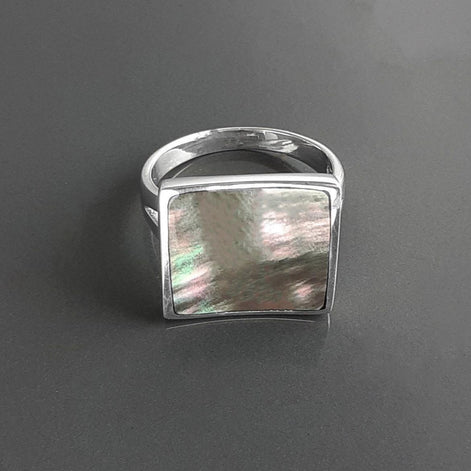 Square Ring, Sterling Silver, Curved Square Stone Ring, Genuine Grey Paua Shell jewelry, Modern Geometric Ring, Rainbow Color, Gray