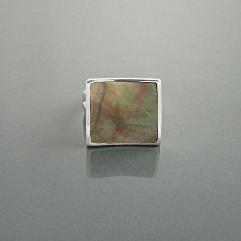 Square Ring, Sterling Silver, Curved Square Stone Ring, Genuine Grey Paua Shell jewelry, Modern Geometric Ring, Rainbow Color, Gray