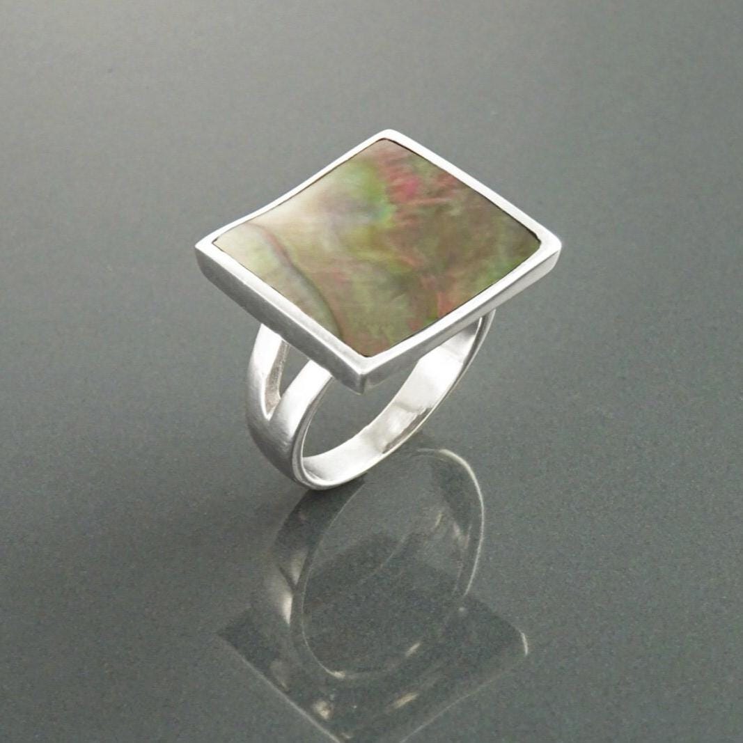 Square Ring, Sterling Silver, Curved Square Stone Ring, Genuine Grey Paua Shell jewelry, Modern Geometric Ring, Rainbow Color, Gray