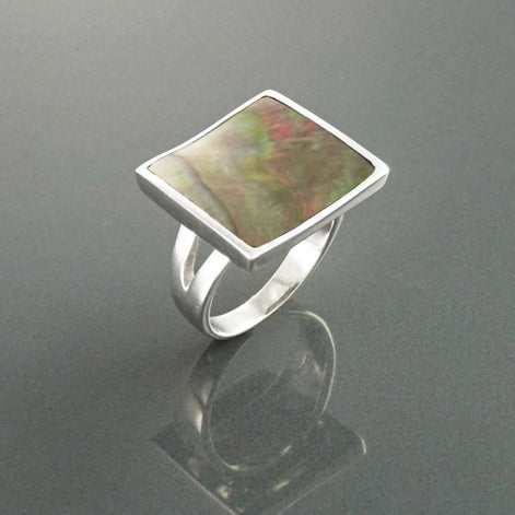 Square Ring, Sterling Silver, Curved Square Stone Ring, Genuine Grey Paua Shell jewelry, Modern Geometric Ring, Rainbow Color, Gray