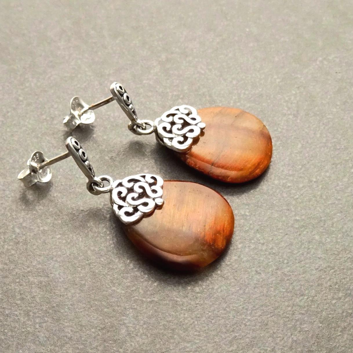 Tiger Eye Earrings • 925 Sterling Silver • Lithotherapy Jewelry Protection • Genuine Stone