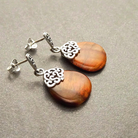 Tiger Eye Earrings • 925 Sterling Silver • Lithotherapy Jewelry Protection • Genuine Stone