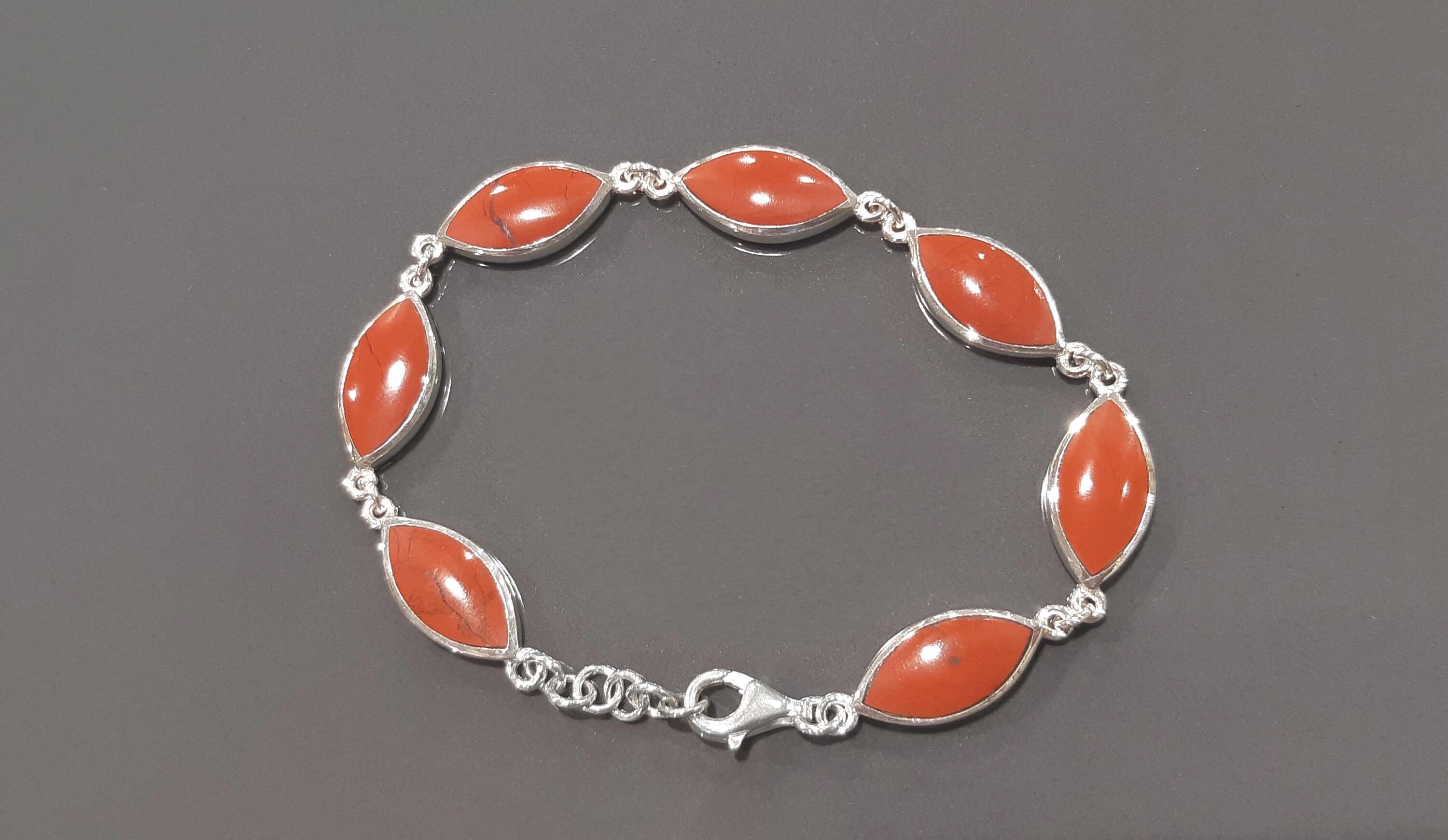 Red Jasper Sterling Silver Bracelet, Modern Stone Jewelry 925.