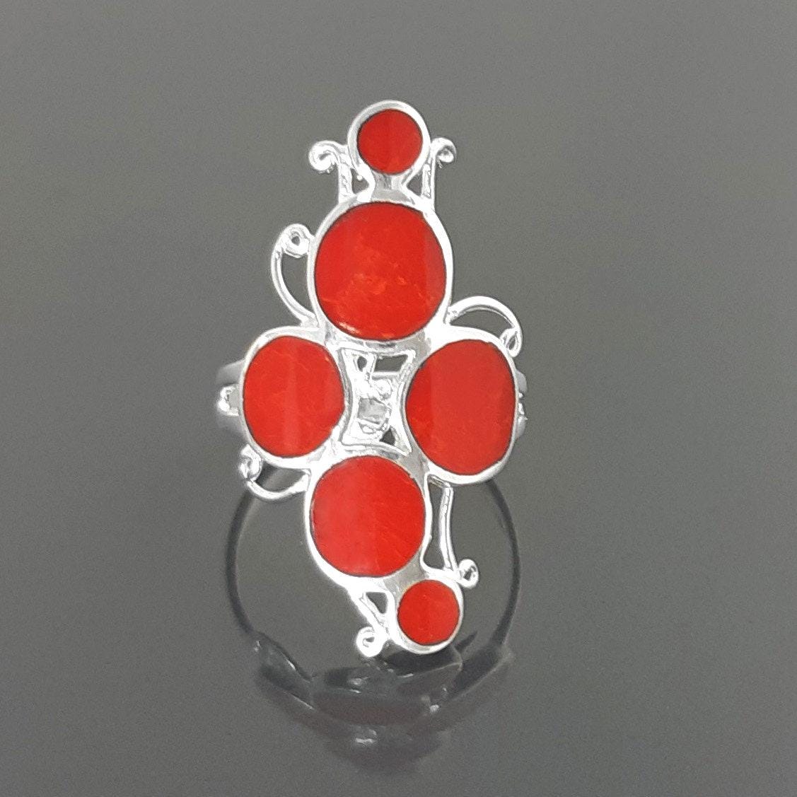 925 Modern Red Stone Ring, Sterling Silver Geometric jewelry, Circular Design Round Forms Ring.