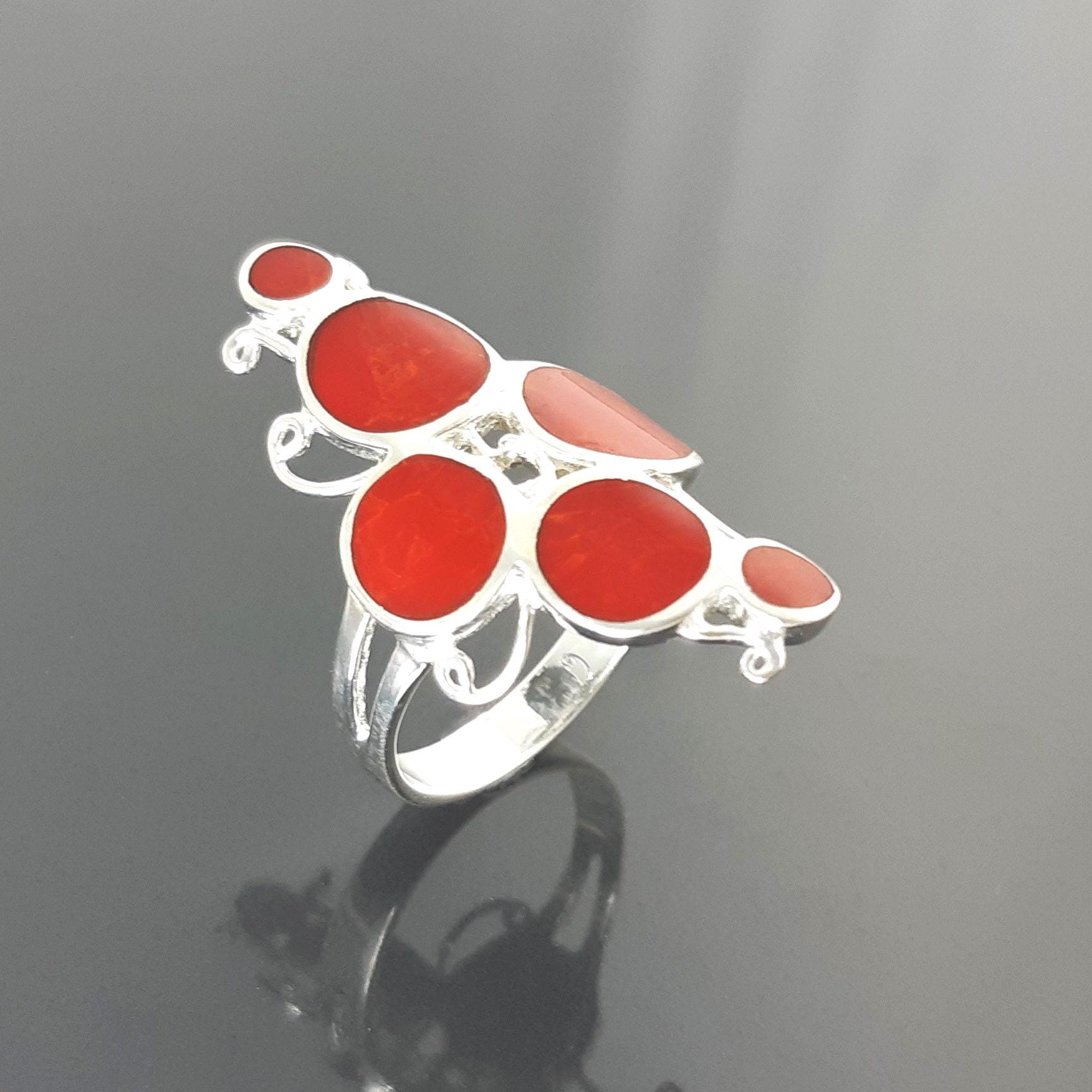 925 Modern Red Stone Ring, Sterling Silver Geometric jewelry, Circular Design Round Forms Ring.