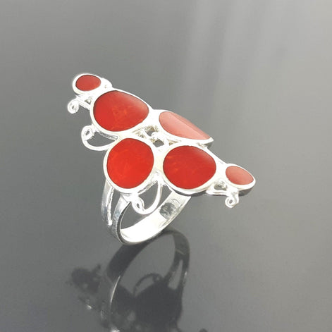 925 Modern Red Stone Ring, Sterling Silver Geometric jewelry, Circular Design Round Forms Ring.
