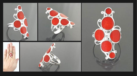 925 Modern Red Stone Ring, Sterling Silver Geometric jewelry, Circular Design Round Forms Ring.