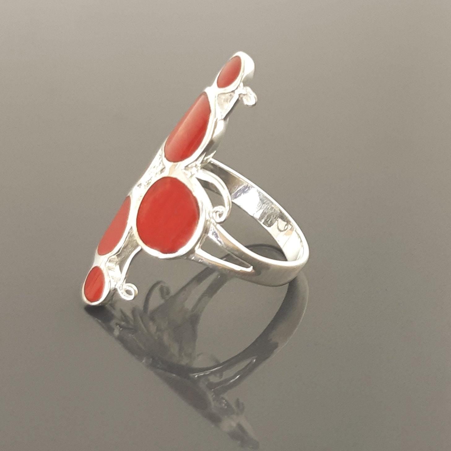 925 Modern Red Stone Ring, Sterling Silver Geometric jewelry, Circular Design Round Forms Ring.