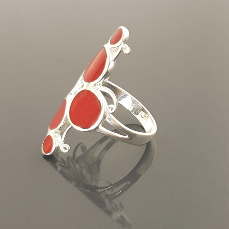 925 Modern Red Stone Ring, Sterling Silver Geometric jewelry, Circular Design Round Forms Ring.