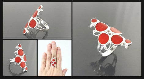 925 Modern Red Stone Ring, Sterling Silver Geometric jewelry, Circular Design Round Forms Ring.
