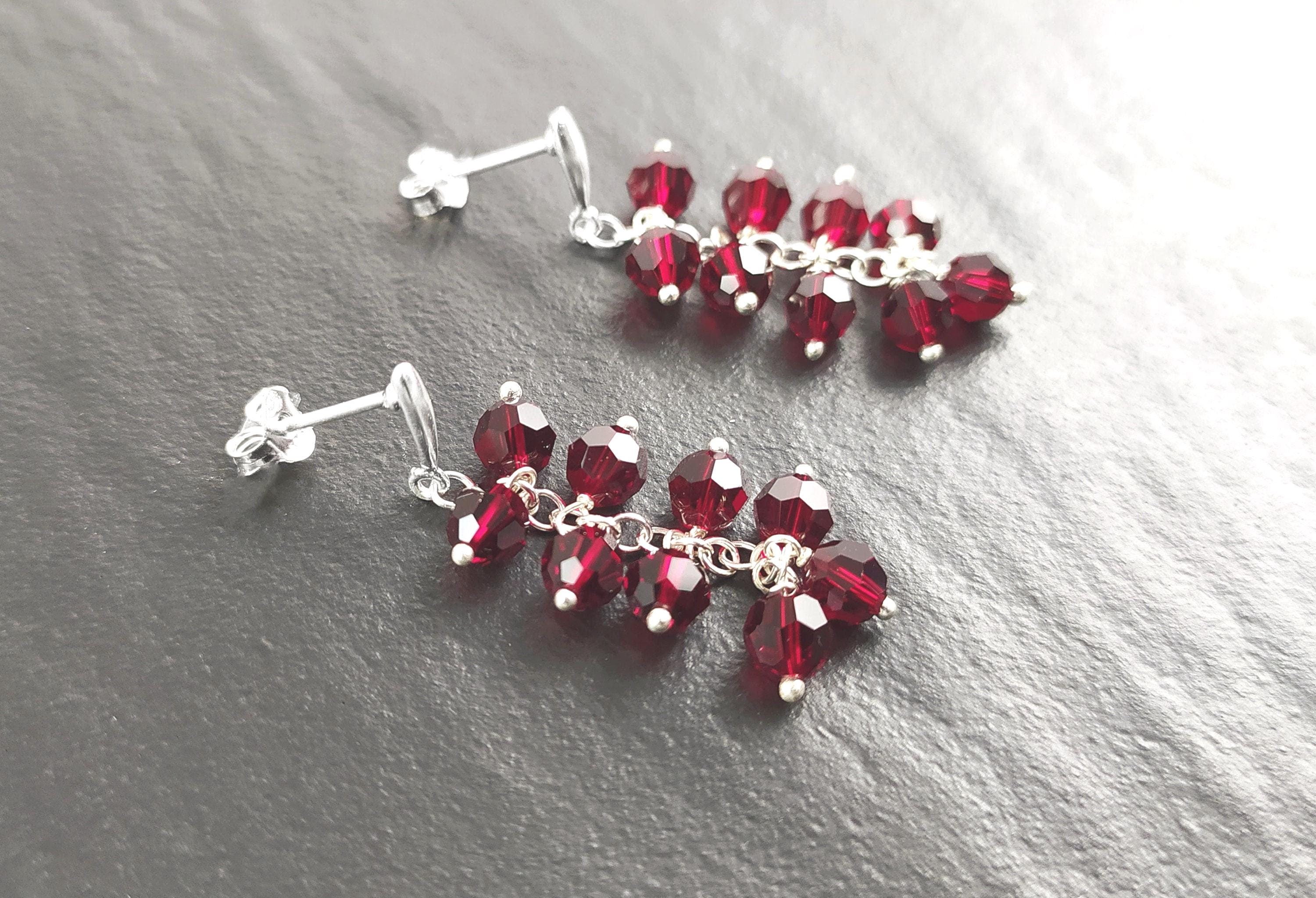 Red Stone Grapes Earrings, Sterling Silver, Teardrop Dangle Red Grape Crystal Stones, Berries Pomegranate Garnett Color, Drop Jewelry